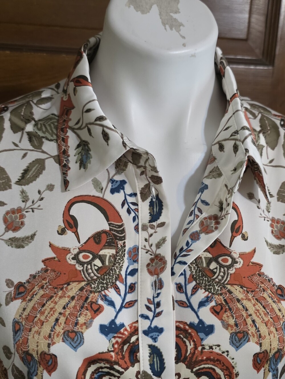 Rachel Zoe Button Down Peacock Print Blouse Cream Size L - Picture 5 of 11